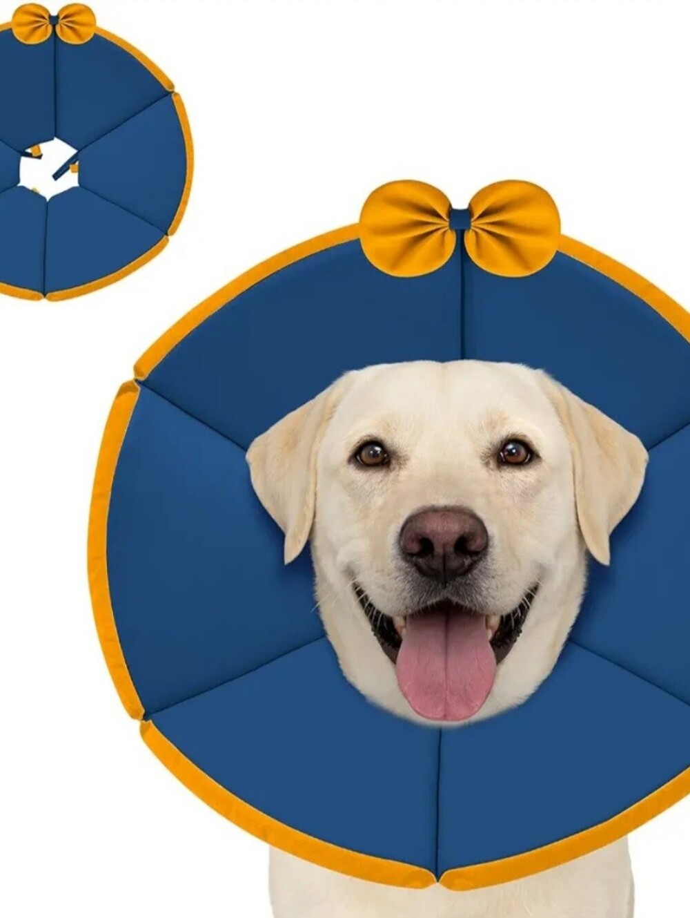 XL Soft Cone Dog Recovery Collar in Blue and Yellow with Bow